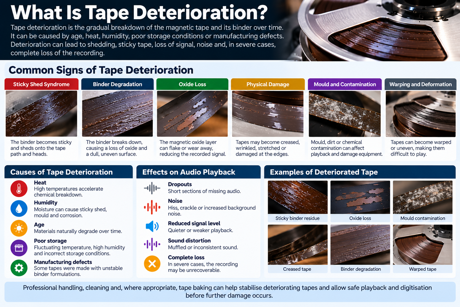 Examples of audio tape deterioration including sticky shed, oxide loss, mould and physical damage